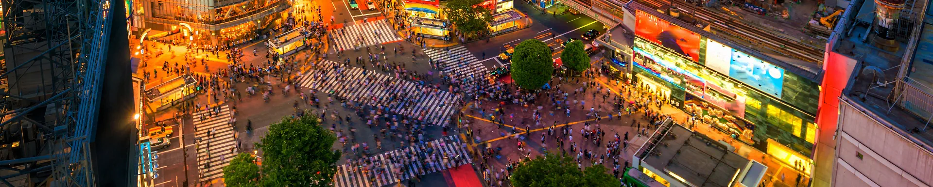 ネオンが光る夜の渋谷駅前の写真